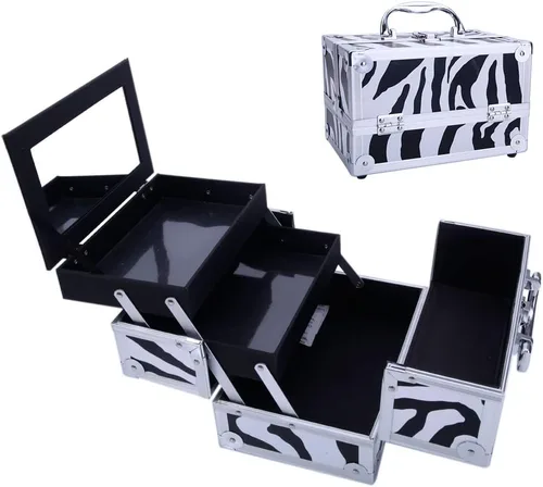 Caja de tren de maquillaje de aluminio ligero, joyero, organizador de cosméticos con espejo (9.06 x 5.91 x 5.91) (largo x ancho x alto) cebra