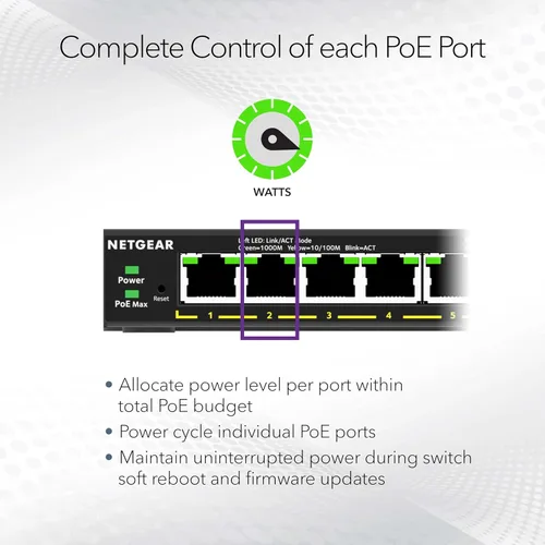 Miniatura 4 de NETGEAR Switch PoE Gigabit Ethernet Easy Smart Managed Essentials de 5 puertos (GS305EP) - con 4 x PoE+ @ 63W, para montaje en escritorio o en pared