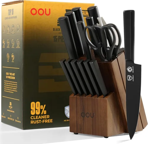 Miniatura 9 de OOU - Juego de bloque de cuchillos de cocina - 15 piezas de cuchillos de chef de acero inoxidable de alto carbono, juego de cuchillos negros