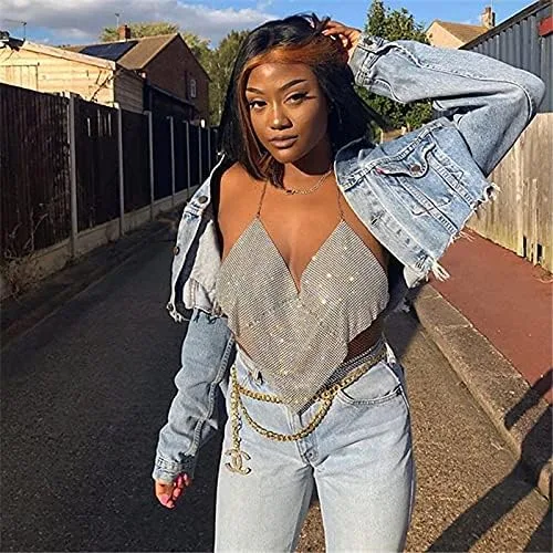 Miniatura 5 de Women Sexy Shiny Rhinestone Tank Top Deep V Neck Halter Metal Body Chain Crop Top Shirt for Night Club Party Rave Outfit