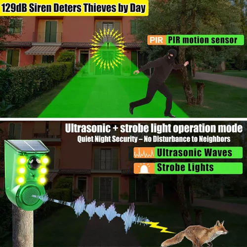 Miniatura 2 de Alarma solar con sensor de movimiento para exteriores, ultrasonido y alarmas, detector de movimiento de 129 db, generador de ruido fuerte, luz 1pcs
