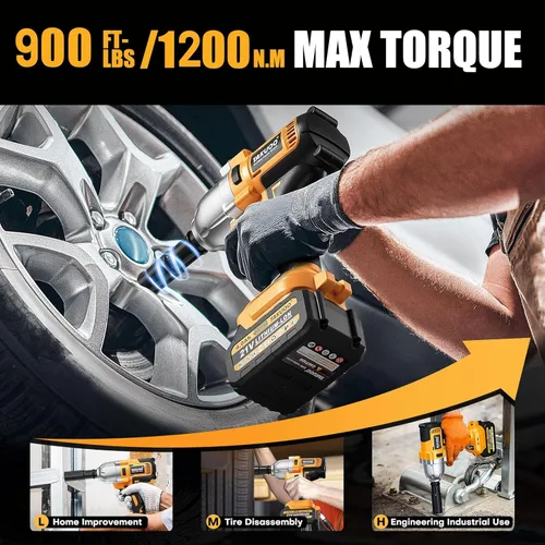 Miniatura 4 de Takuoo Llave de impacto inalámbrica de 1/2 pulgada sin escobillas, par máximo (1200N.m) 900 pies-libra de impacto eléctrico con batería de 4000mAh