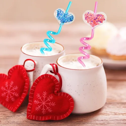 Miniatura 3 de 24 popotes de plástico con purpurina de 8 colores para el día de San Valentín, con 2 cepillos de limpieza
