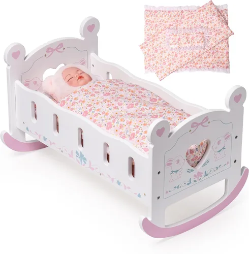 Miniatura 12 de ROBOTIME Cuna Mecedora de Madera para Muñecas, Juguetes de Cama para Muñecas de Niña, Cuna de Juguete para Muñecas de Bebé, Cuna para Muñecas de Azul