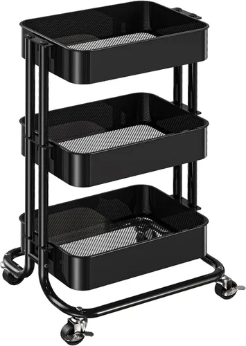 Pipishell Carrito utilitario de metal de 3 niveles, carrito rodante de almacenamiento resistente con 2 ruedas bloqueables, carrito de organización