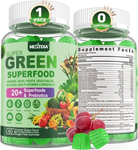 Gomas Super Greens, alternativa en polvo de superalimento de verduras con espirulina, clorela, fibra prebiótica, probiótico, vegetales y frutas,