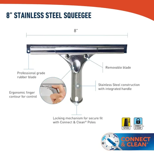Miniatura 6 de Unger Escobilla profesional de limpieza de ventanas y vidrio de acero inoxidable de 8 pulgadas, suministros de limpieza, escobilla resistente