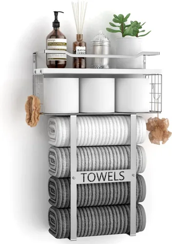 Miniatura 10 de Toalleros para baño montados en la pared - Juego de portotoallas de pared para baño sobre almacenamiento del inodoro, organizador de estante