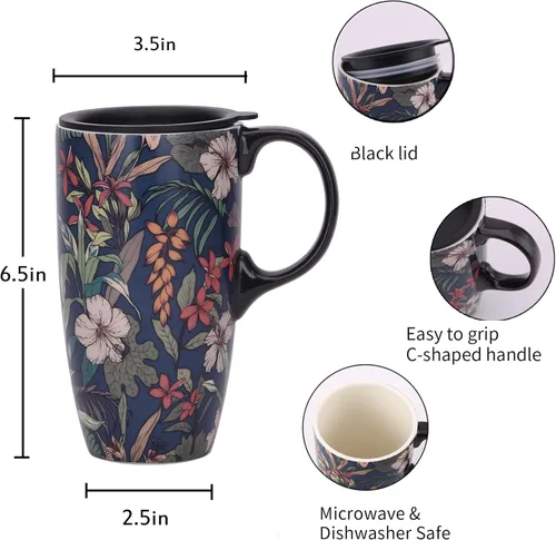 Miniatura 9 de Topadorn Taza de Café de Cerámica Taza de Viaje Regalo con Tapa 17oz., Taza de Té Alta de Porcelana con Asa para el Hogar y la Oficina, Taza