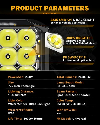 Miniatura 4 de Auxbeam Serie V-MAX 204W Luces LED de Conducción en Pod, Luz de Proyección Rectangular de 7 Pulgadas para Todo Terreno con DRL Ámbar y Luz Trasera