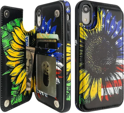 HAOPINSH Funda tipo cartera para iPhone XR con tarjetero y diseño de girasoles de bandera americana, tapa trasera de piel sintética, con función