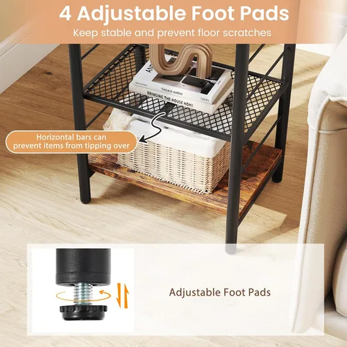 Miniatura 7 de GOFLAME Mesa auxiliar industrial de 3 niveles, mesita de noche con estante de metal de malla extraíble, almohadillas niveladoras ajustables, mesa