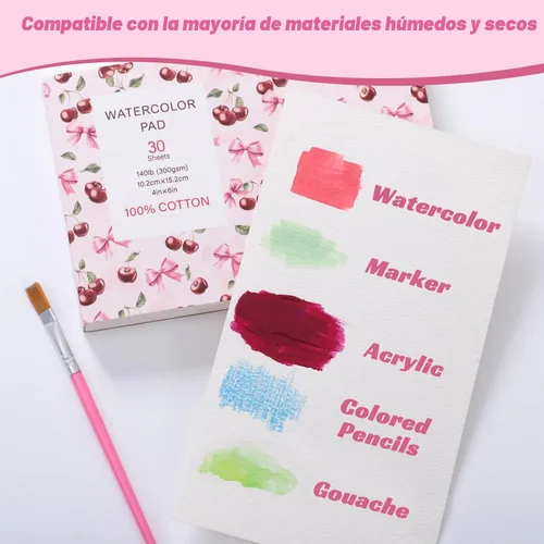 Miniatura 6 de Bloc de papel para acuarela de 30 hojas con 2 pinceles para acuarela, papel para acuarela de 140 lb/300 g/m², papel para acuarela prensado en frío