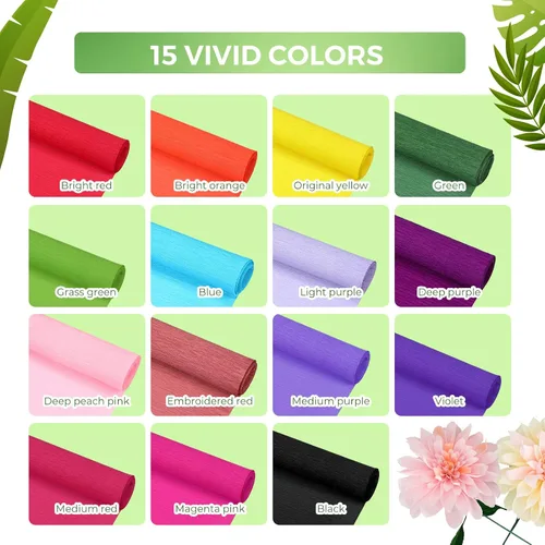 Miniatura 3 de 24 rollos de papel crepé de 15 colores de 8 pies, serpentina de papel crepé de 10 pulgadas con 50 piezas de alambre de hierro floral verde, 1 rollo