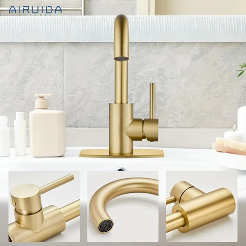 Miniatura 8 de Airuida Grifo de baño de un solo agujero, acero inoxidable giratorio de 360° con drenaje desplegable y placa de cubierta, grifo moderno de barra