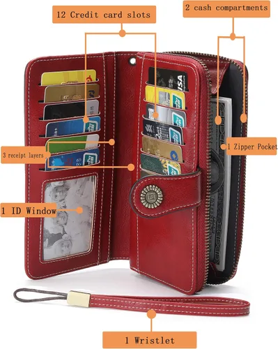 Miniatura 3 de Billetera de cuero para mujer, de gran capacidad, con cremallera, cartera con cremallera para mujer, 1-licor rojo, Moderno