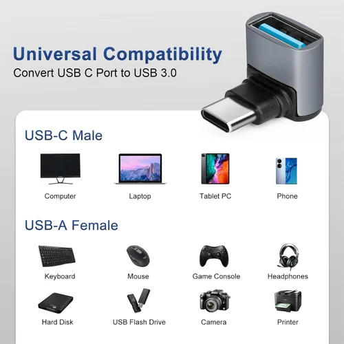 Miniatura 2 de Adaptador USB C a USB 3.1 OTG de 90 grados (paquete de 2), adaptador USBC tipo C macho a USB hembra, transferencia de datos 10G para smartphone