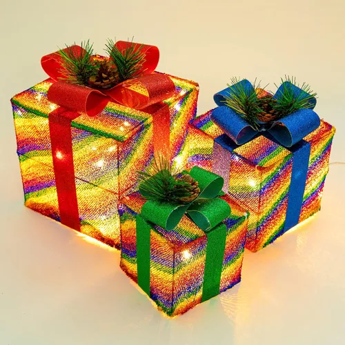 Miniatura 5 de Sunnyglade Juego de 3 cajas de regalo iluminadas de Navidad con enchufe, lazos, hojas de pino artificiales y conos de pino para Navidad, bodas