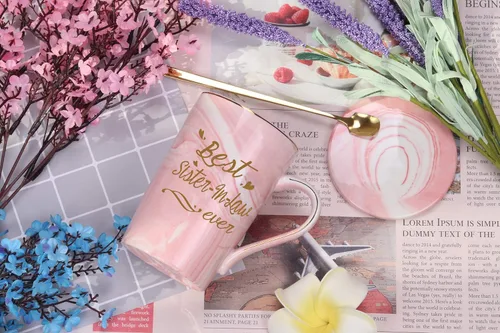 Miniatura 2 de Taza con texto en inglés "Best Sister in Law Ever", regalos de hermana o cuñado, 14 onzas, color rosa con caja de regalo, cuchara, posavasos