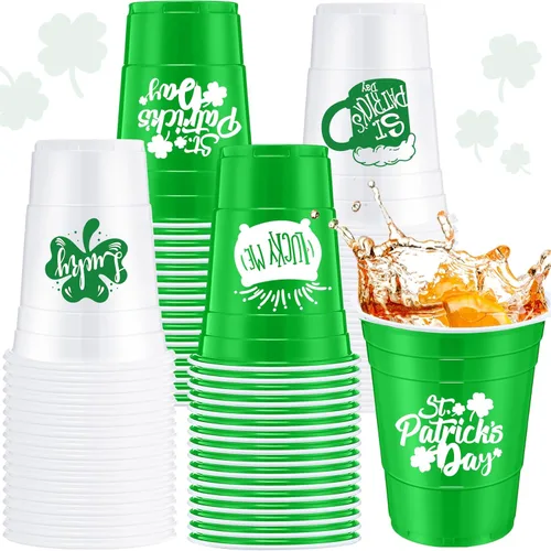 Jingmore 30 vasos de plástico para el día de San Patricio, 16 onzas, color blanco y verde, trébol de la suerte, vasos desechables para el día de San