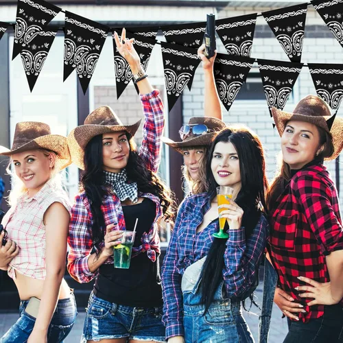 Miniatura 3 de Glenmal Paquete de 5 banderines de banderines para fiesta de vaquero occidental, banderines de banderines de campo negro y rojo para adultos