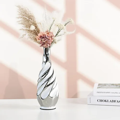Miniatura 4 de Yundu Jarrones de cerámica blancos con plata para flores, decoración de sala de estar, decoración de mesa auxiliar, moderno jarrón de cerámica