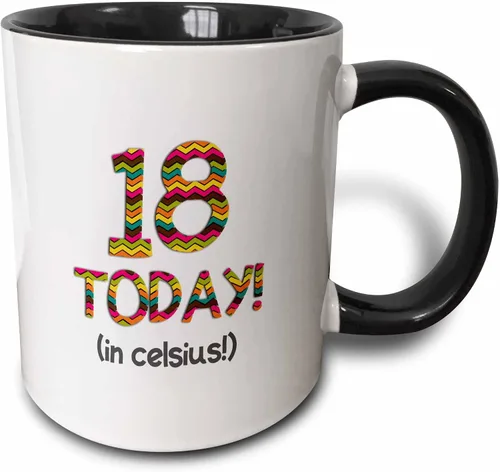 3dRose inspirationzstore Ocasiones – 18 Hoy en grados Celsius – 64th o 65th Cumpleaños 18 C es 64 – 65 en Fahrenheit – Tazas, Negro/Blanco