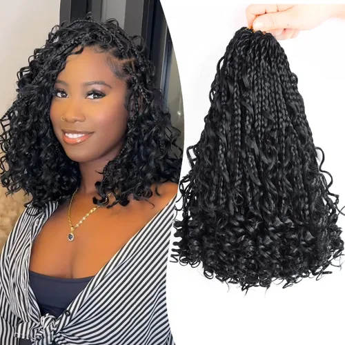 Miniatura 2 de Extensiones de cabello sintético de trenzas de ganchillo Goddess de 10 pulgadas para mujeres negras, 8 paquetes, 3 unidades, con rizos y rizos