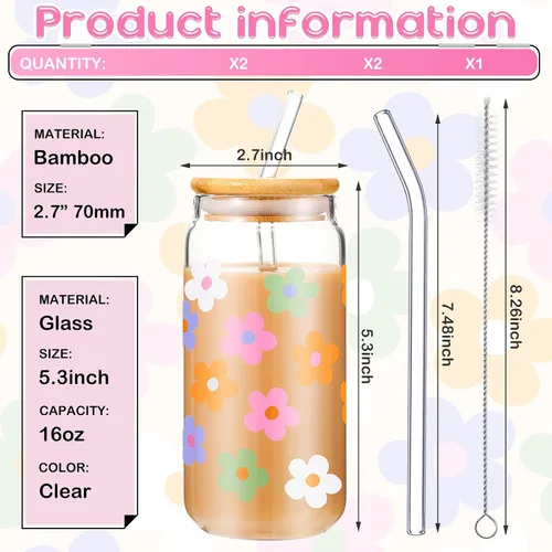 Miniatura 2 de Cunhill 2 juegos de regalos estéticos de margaritas, taza de café helado, bonitas tazas de vidrio con tapas y pajitas, tazas lindas, taza de flores