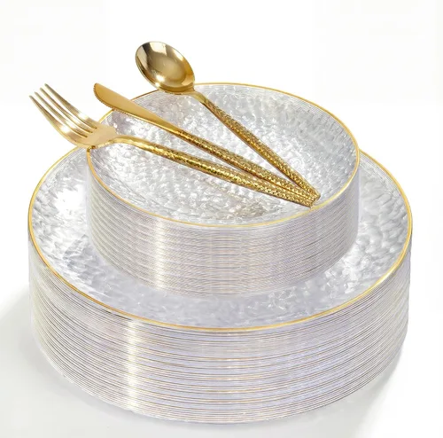 Miniatura 12 de I00000 150 platos de plástico azul transparente con borde dorado, platos desechables azules, juego de platos desechables con patrón de martillo