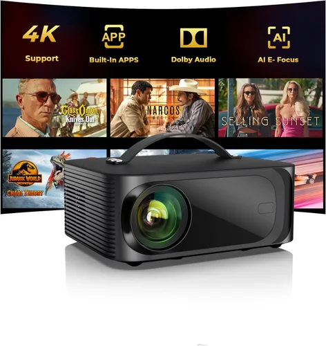 Proyector para exteriores 4K con WiFi y Bluetooth: [3000 brillo/50W DoIby/aplicaciones integradas] Proyector portátil Smart OS 2.0 y enfoque negro