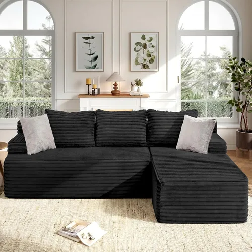 Seccional modular: asiento de nube en forma de L con espuma viscoelástica, muebles de sala de estar convertibles de 3 asientos, diván de gran Negro