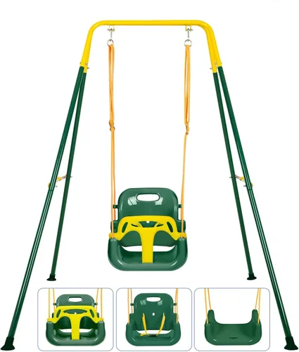 Miniatura 10 de Juego de columpios 3 en 1 para niños pequeños, juego de columpios para bebés con soporte plegable de metal para jugar al aire libre/interior, diseño