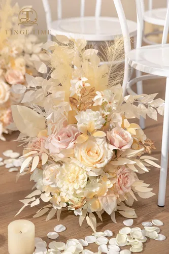 Miniatura 8 de TINGE TIME Juego de 2 flores artificiales de pie, centro de mesa con almohadilla de goma, flor falsa de seda para centro de mesa de boda, arco