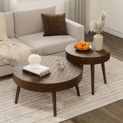 Miniatura 11 de COSIEST - Juego de mesa auxiliar redonda moderna y mesa auxiliar, tapa de madera con aspecto de mármol falso, patas de nogal y crema blanca, mesa
