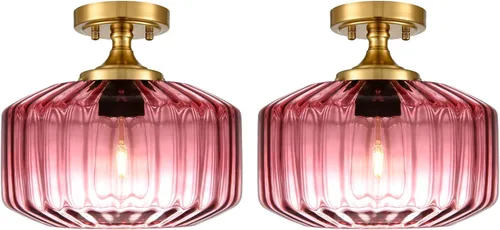 Miniatura 23 de Moderna lámpara de techo semiempotrada rosa rubor con base dorada cepillada, lámpara de dormitorio para dormitorio de niñas, guardería, pasillo