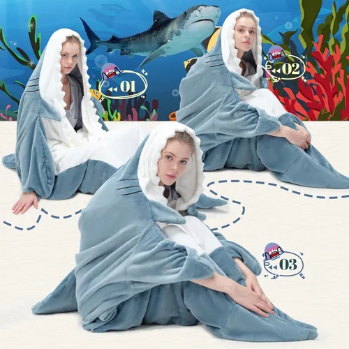 Miniatura 6 de Touchat Manta de Tiburón, Disfraz de Enterizo para Adulto, Manta Suave y Acogedora de Franela con Dibujos de Animales para Cosplay, Manta con Azul