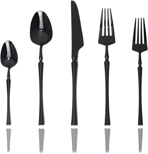JASHII Juego de cubiertos de acero inoxidable 18/10 de 20 piezas para 4 personas, incluye cuchillo, tenedor/cuchara, pulido con espejo (negro)