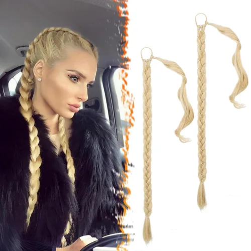 Miniatura 17 de Barsdar Extensión de 26 Pulgadas de Cola de Caballo Trenzada Larga con Banda Elástica - Extensiones de Cabello en Cola de Caballo Recta y Elegante