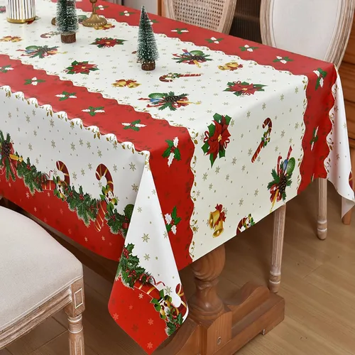 Miniatura 8 de Mantel de Navidad de vinilo resistente rojo de 54x54 pulgadas, mantel rectangular de Navidad, mantel de PVC reutilizable, impermeable, plegable