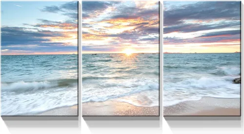 Miniatura 13 de Denozer - Lienzo decorativo de 3 paneles para decoración del hogar, mar azul, puesta de sol y playa, pintura blanca, impresión sobre lienzo, paisaje