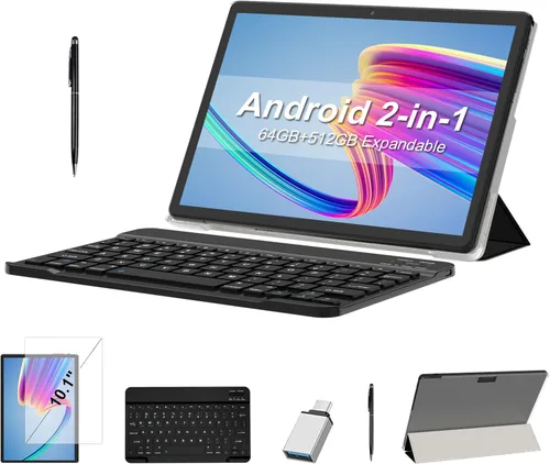 2025 Android 12 Tablets 10.1 Octa-Core 2 en 1 Tablet 64 GB + 512 GB Expandir incluye funda, teclado, lápiz capacitivo, cámara dual 13+5, pantalla