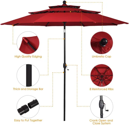 Miniatura 9 de Tangkula Sombrilla de patio de 3 niveles de 10 pies, sombrilla de aluminio con doble ventilación para exteriores, con manivela, para mercado, patio