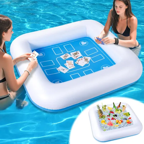 Mesa de juego inflable para piscina con cartas impermeables (35.5 x 35.5 pulgadas, azul/blanco)
