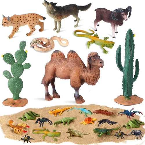 MiniInflat Juego de 25 figuras de animales del desierto para proyectos escolares, juguetes de diorama del desierto para niños con cactus de camello,
