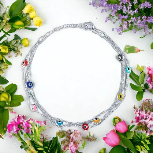 Miniatura 3 de Pulseras de plata de ley 925 con protección de cadena de triple capa, pulsera azul Ojo Turco para mujer, joyería bohemia delicada para mujer