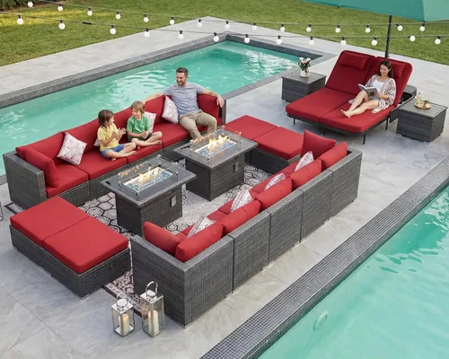 Miniatura 71 de NICESOUL Juego de muebles de patio para exteriores de 7 piezas con mesa para hoguera, gas natural y propano convertible, respaldo alto de 29.3