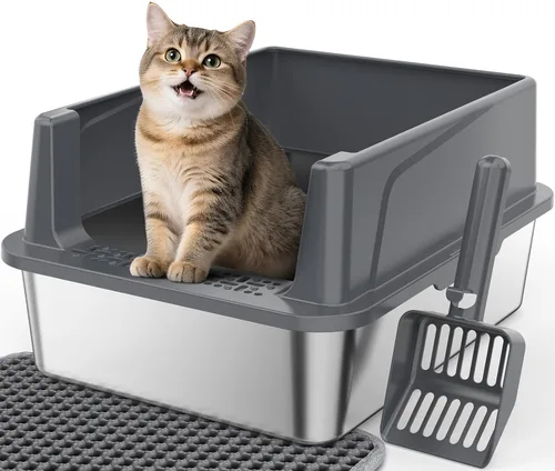 Miniatura 12 de FURTIME Caja de arena de acero inoxidable para gatos con tapa, caja de arena de metal para gatos pequeños, cajas de arena para gatitos con pala