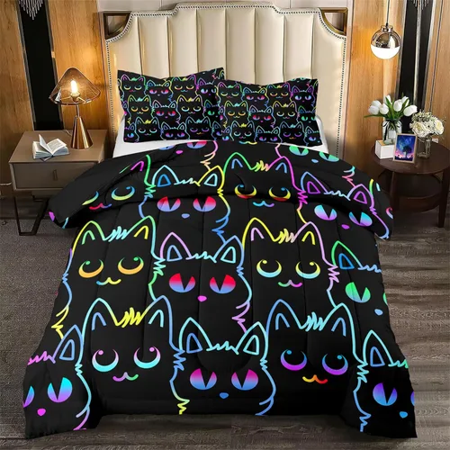 Miniatura 11 de Juego de ropa de cama de tamaño individual, edredón de gatos de dibujos animados para niñas, niños y adolescentes, juego de edredón azul