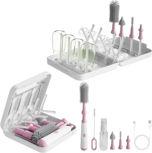 Potente juego de limpiador eléctrico de cepillos para biberones, completo con cepillos de silicona para botella/pezón/hueco/pajita, además de un